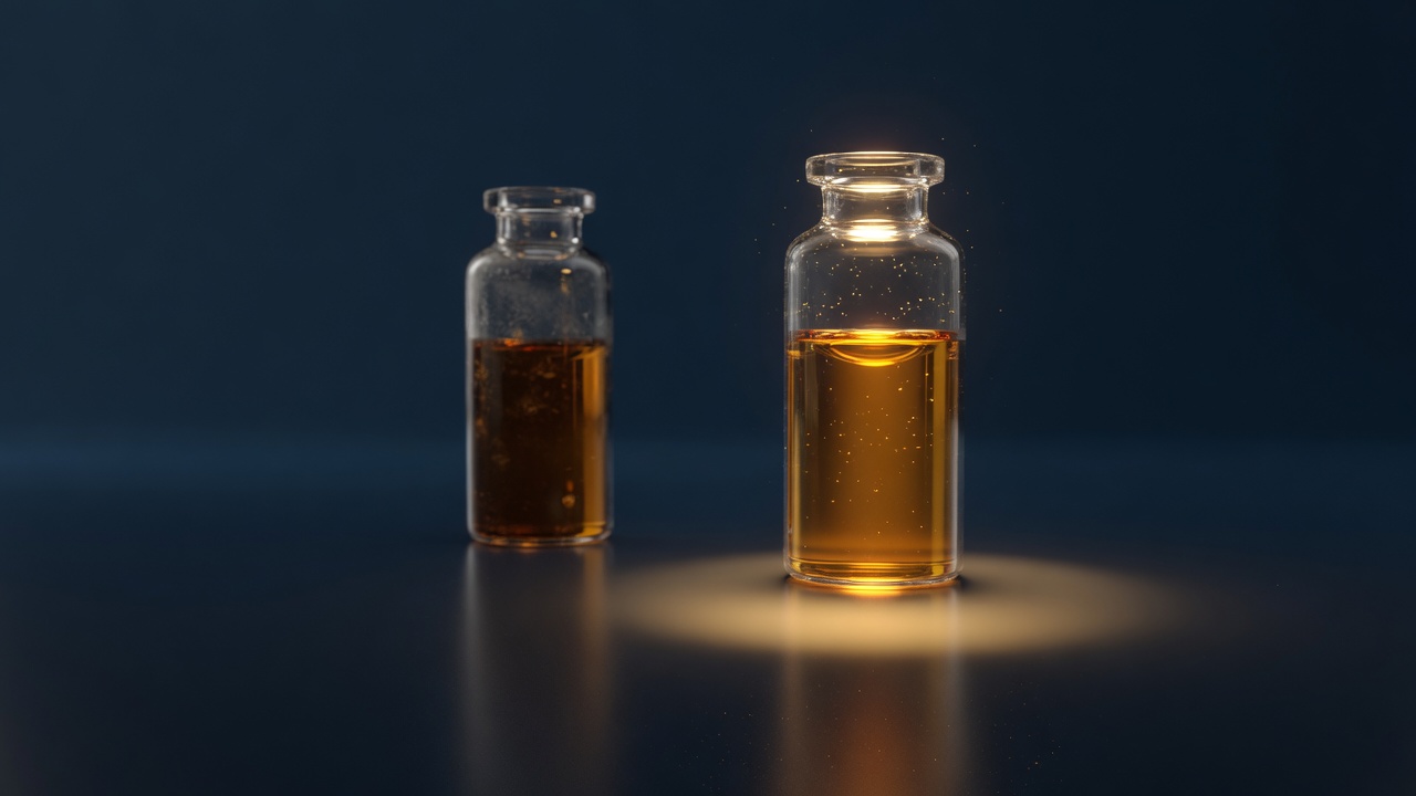 Two glass vials on a deep navy surface: dim amber on the left, bright glowing amber on the right with a gold pool of light around it