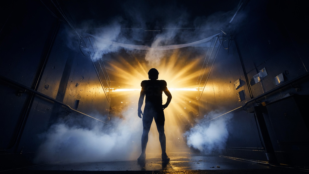 Dramatic low-angle athlete silhouette in stadium tunnel