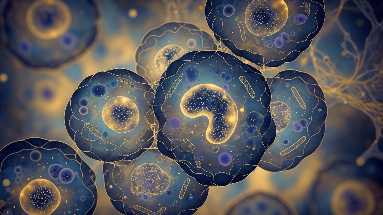 Abstract microscopy of cells in golden-blue palette