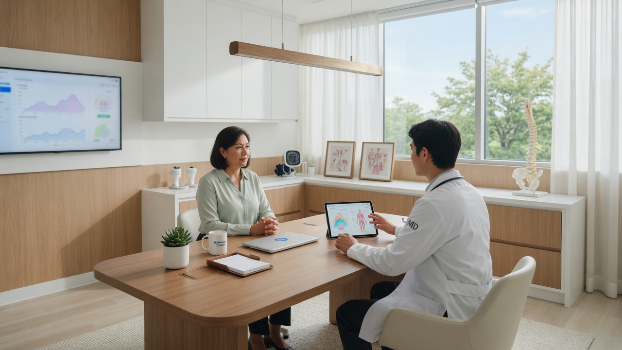 Premium medical consultation room with physician and patient