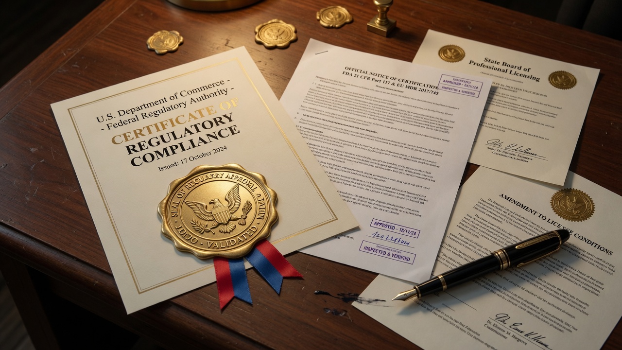 Regulatory documents on dark wood desk