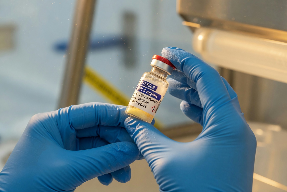 Hands in blue nitrile gloves handling vial