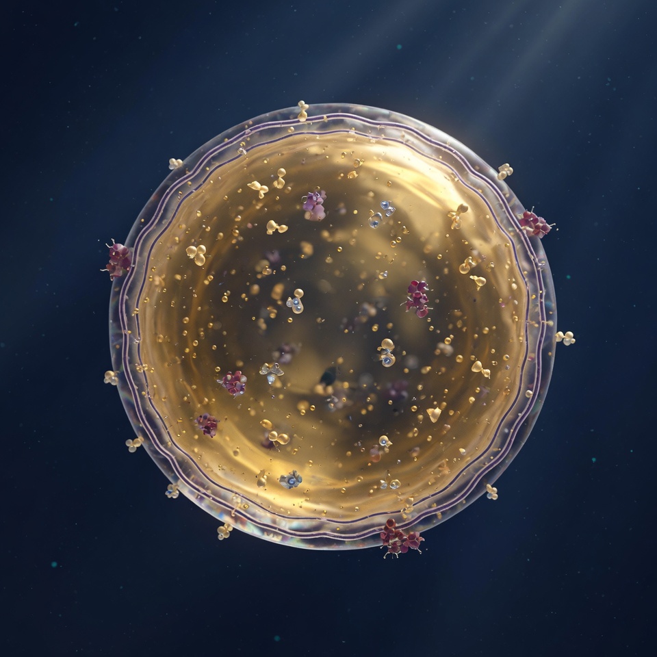 3D render of an extracellular vesicle showing internal cargo