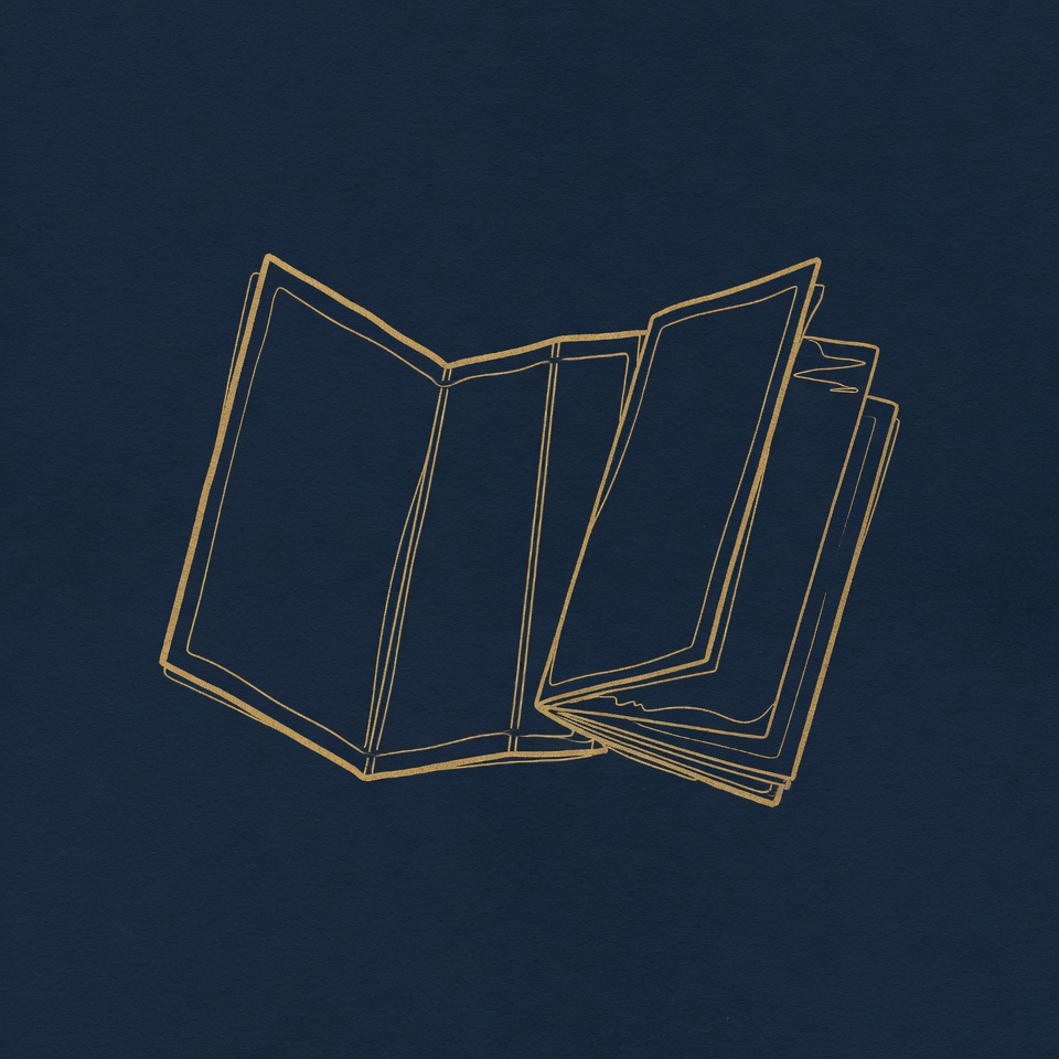 Stack of open folios in gold on navy