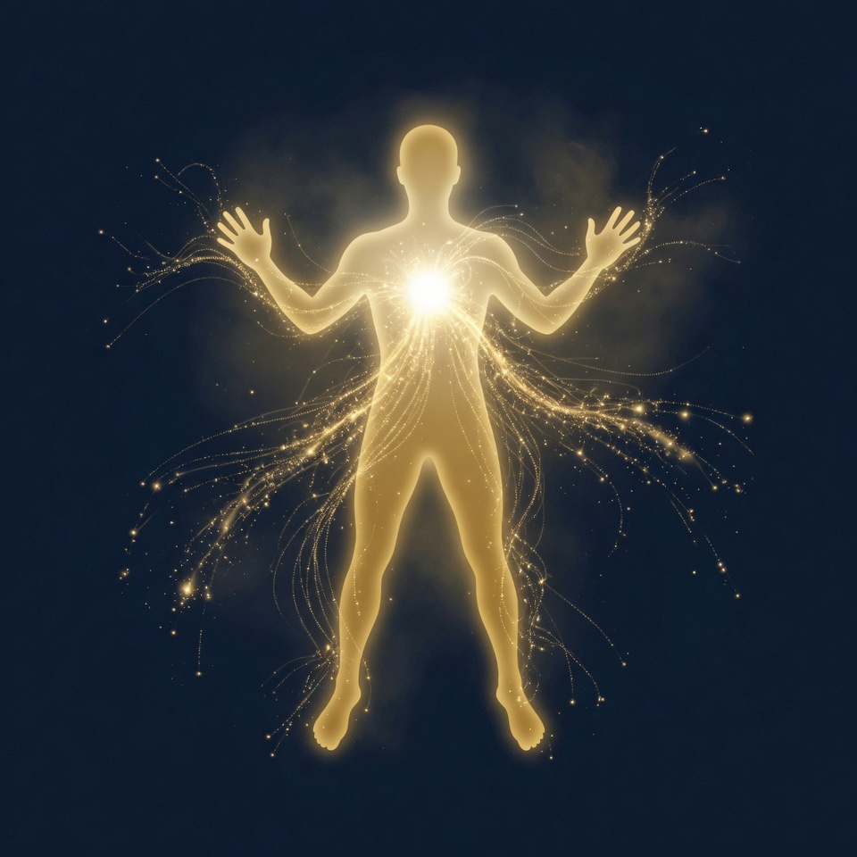 Glowing gold figure with particle trails radiating from chest outward