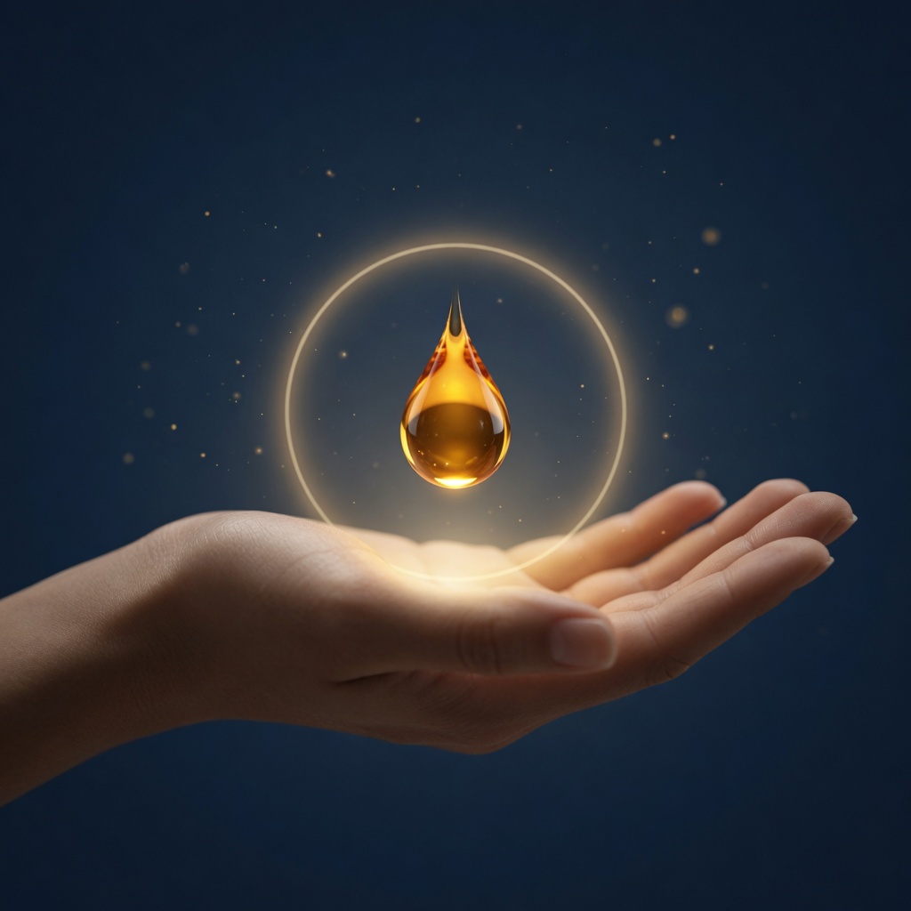 Single amber droplet hovering above an open palm with a faint gold ring