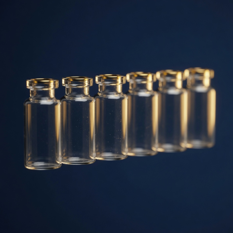 Row of six identical clear glass vials in soft golden light