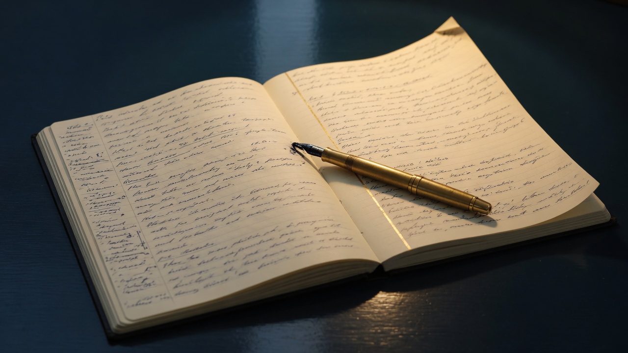 Open hardback research journal with a brass-banded fountain pen resting across the gutter
