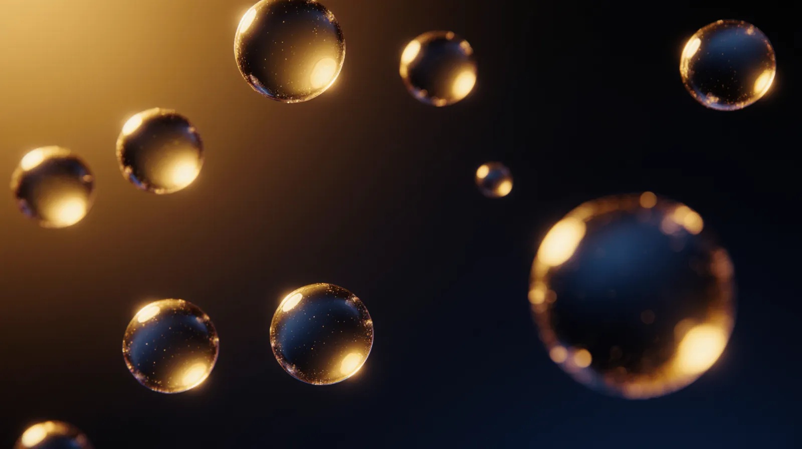 Macro view of golden translucent extracellular vesicles on a navy gradient field