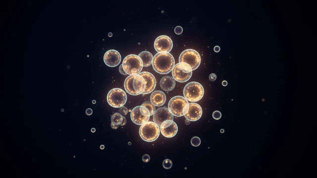 A glowing cluster of small bioluminescent vesicles on a deep navy field