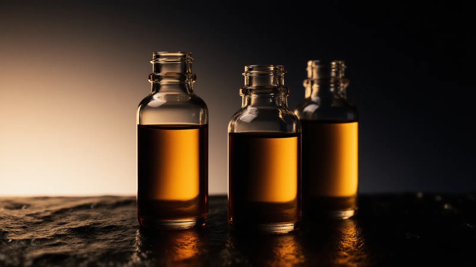 Three amber laboratory vials on polished obsidian under warm side light