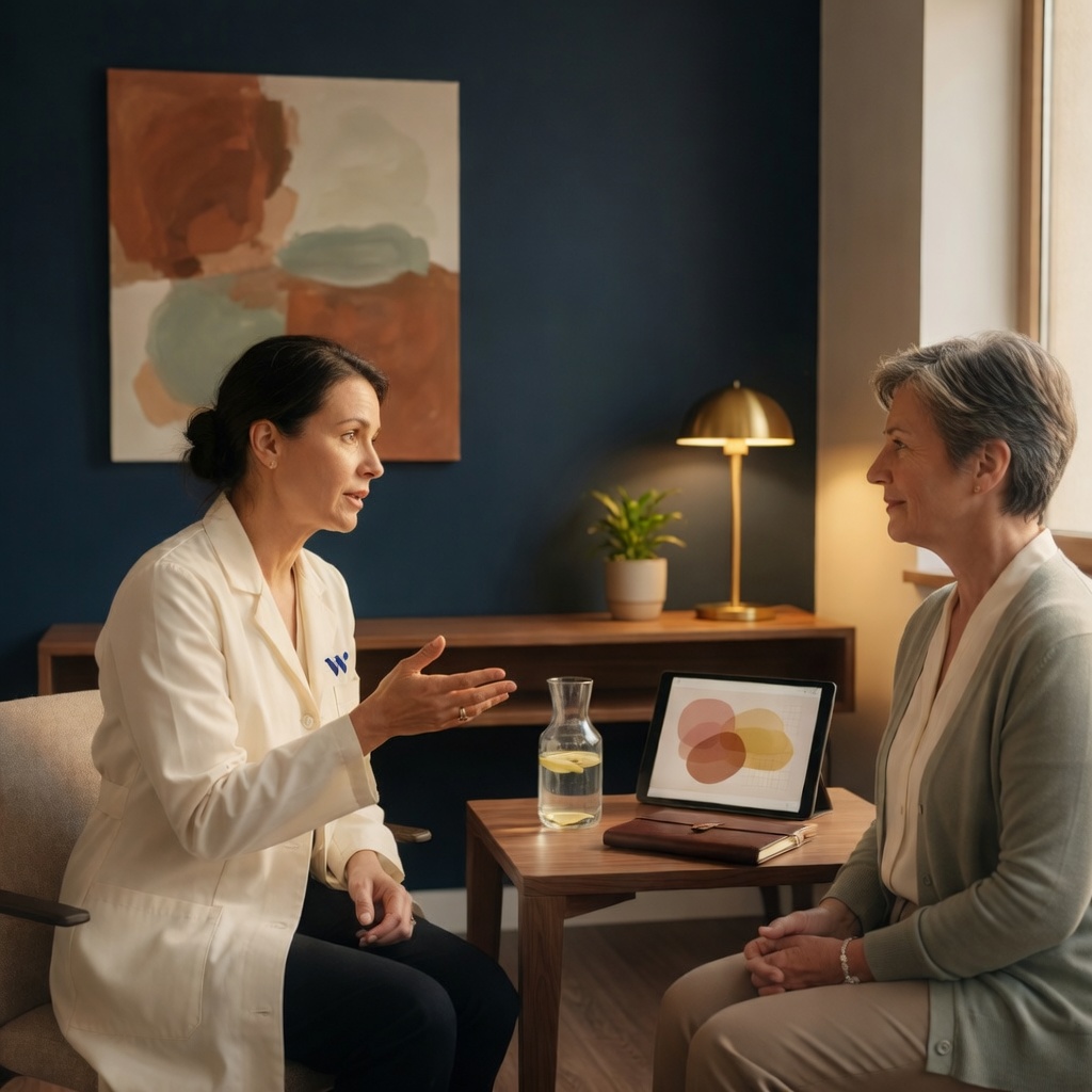 Female physician explaining a treatment to a female patient in a warm modern consult room
