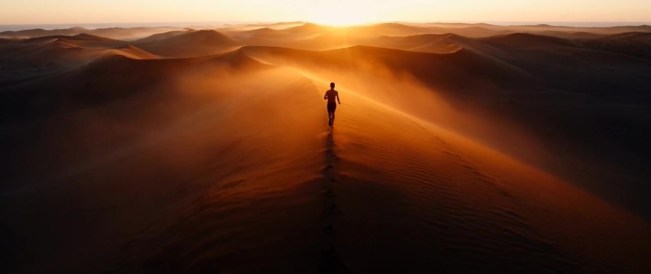 Corredor solitario coronando una duna al amanecer
