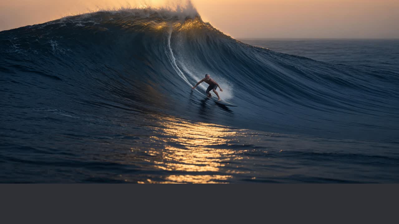 Surfer riding a giant wave at dawn
