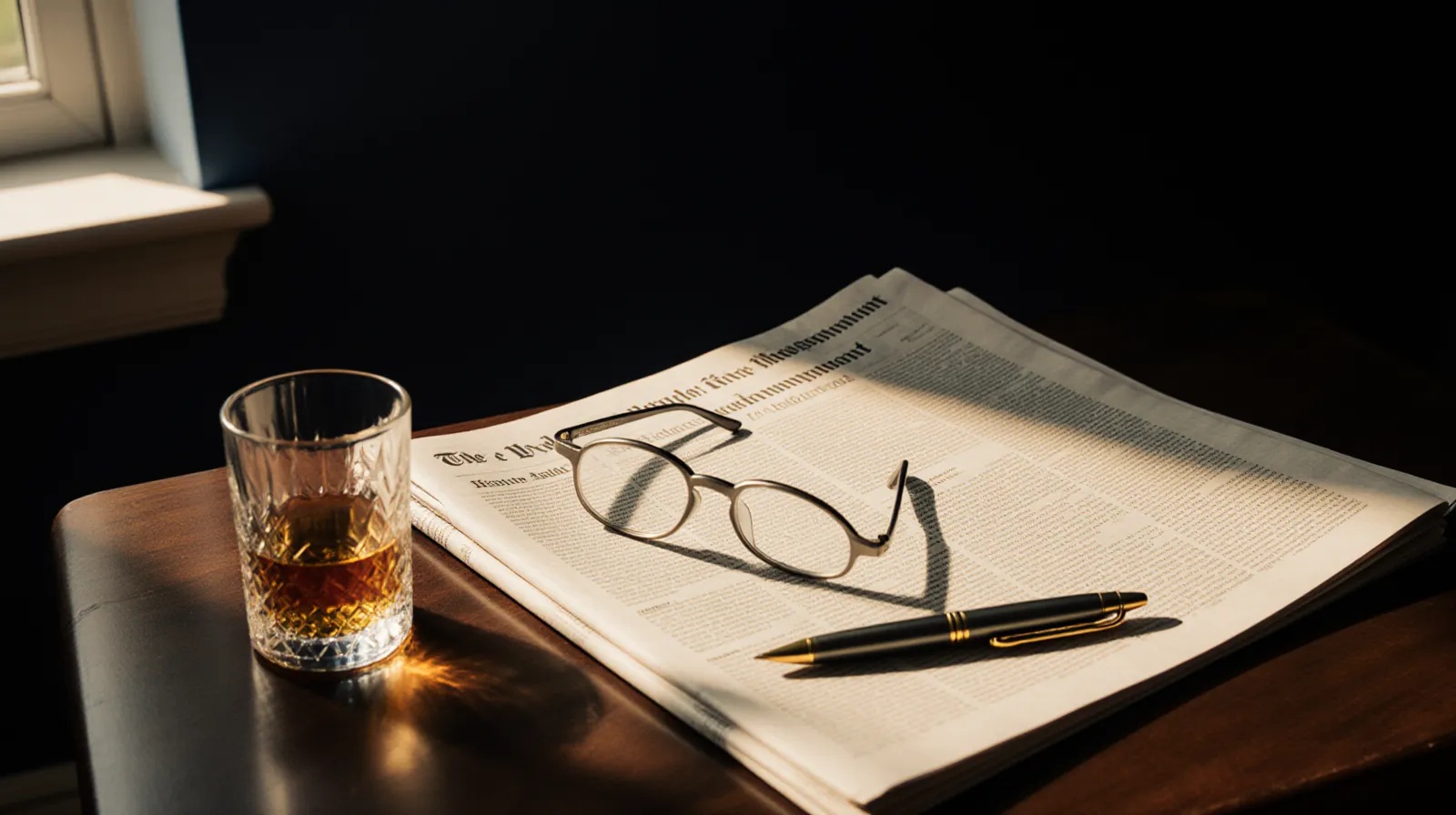 Editorial newspaper, glasses, pen and amber tumbler on polished walnut desk at golden hour