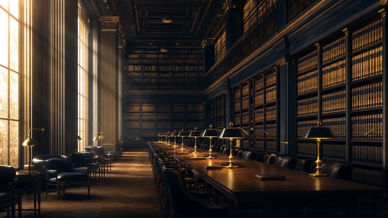 A grand modern research library reading hall lined with bound scientific journals