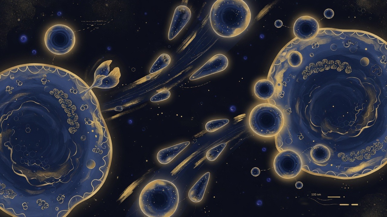 Artistic rendering of cells, exosomes and signalling factors in navy and gold