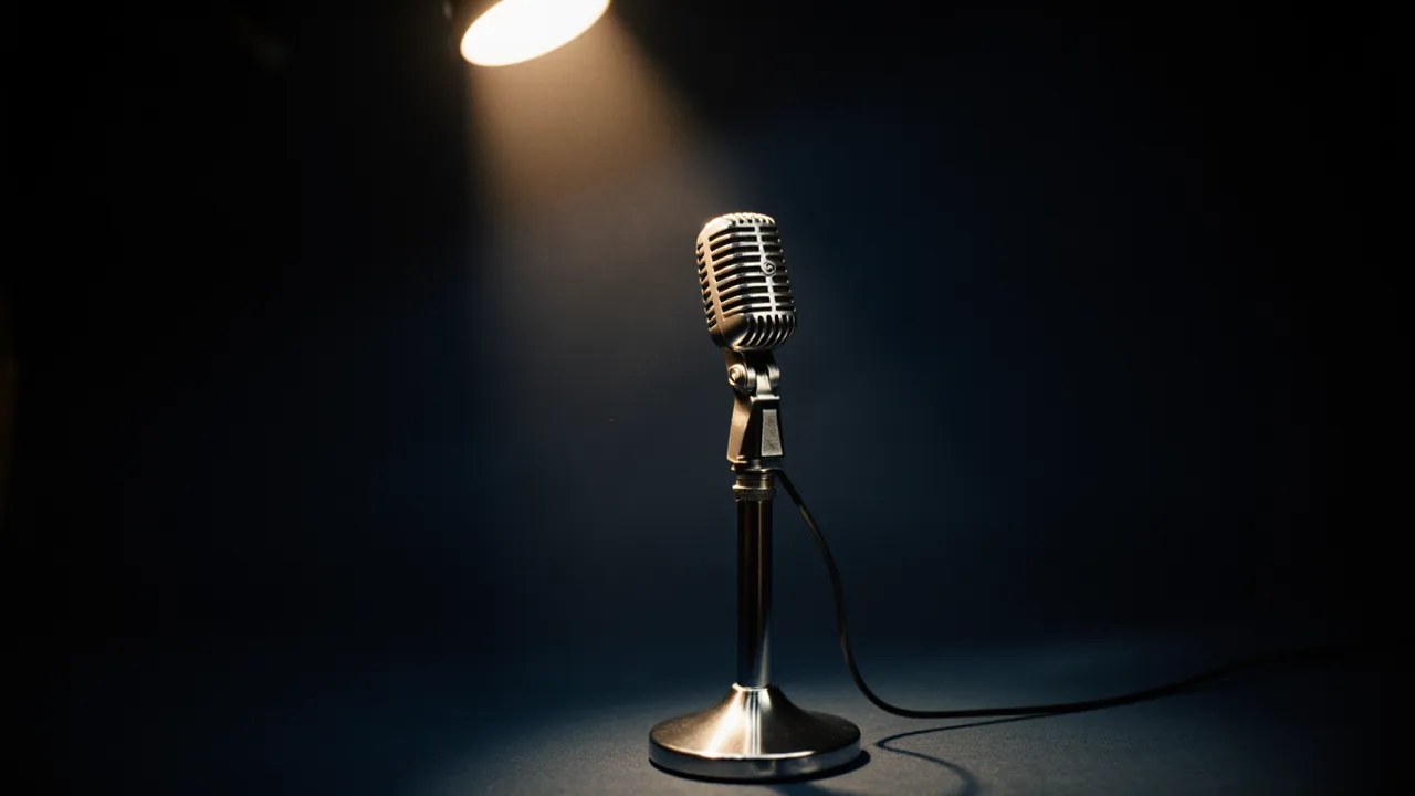 A single vintage microphone under a warm spotlight