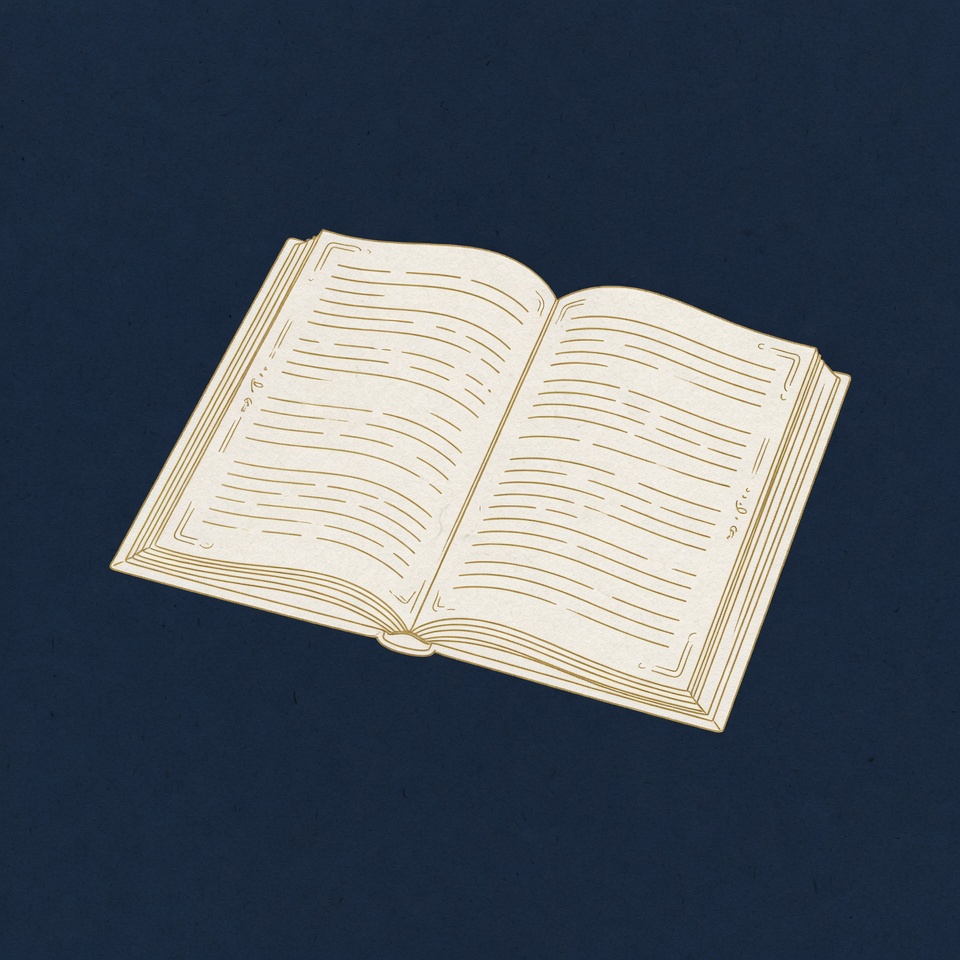 Open book with text lines in gold on navy